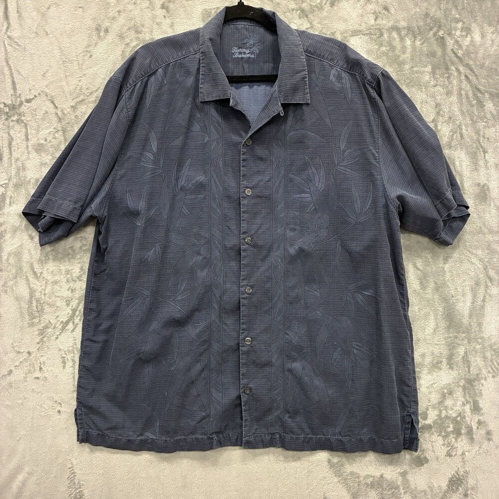 Tommy Bahama Mens XL Loop Collar Hawaiian Blue Embroidered Shirt Camp Silk